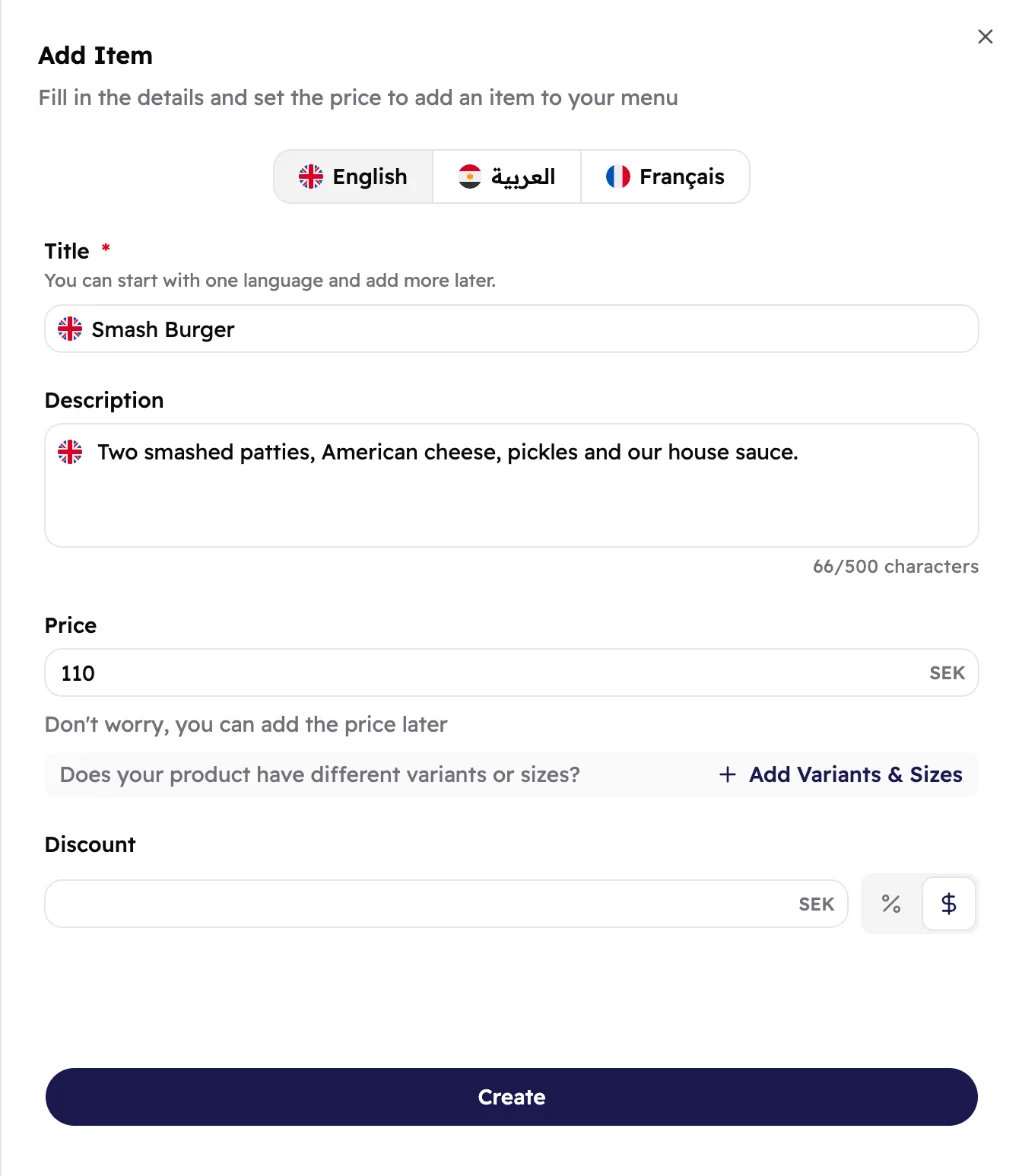 The Add Item panel filled in for a Smash Burger: language tabs, title, description, a price of 110 SEK, the Add Variants & Sizes link and the discount box.