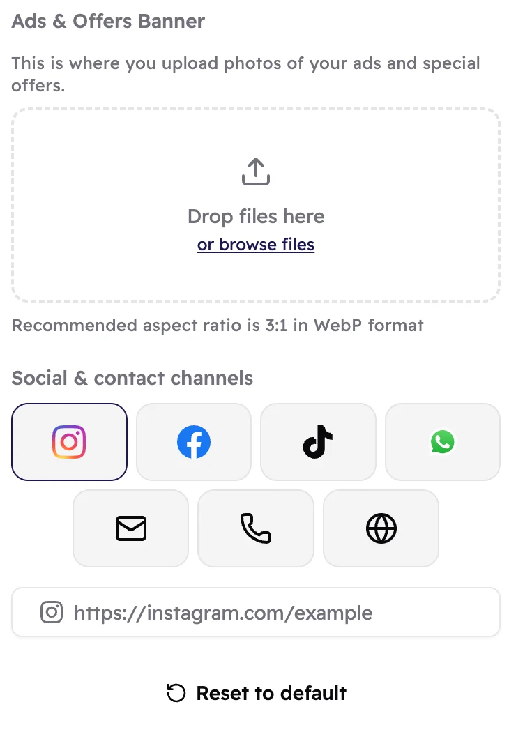 The bottom of the Design panel: an empty Ads & Offers Banner box, the social and contact channel tiles, a link box and Reset to default.