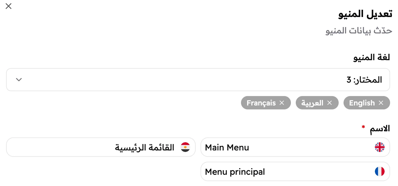 شباك تعديل المنيو، ومختار فيه الإنجليزي والعربي والفرنساوي، واسم المنيو مكتوب بكل لغة.