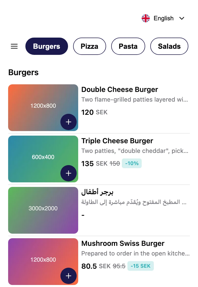 The guest's menu on a phone: Triple Cheese Burger at 135 SEK with 150 crossed out and a -10% badge, and Mushroom Swiss Burger at 80.5 SEK with 95.5 crossed out and a -15 SEK badge.