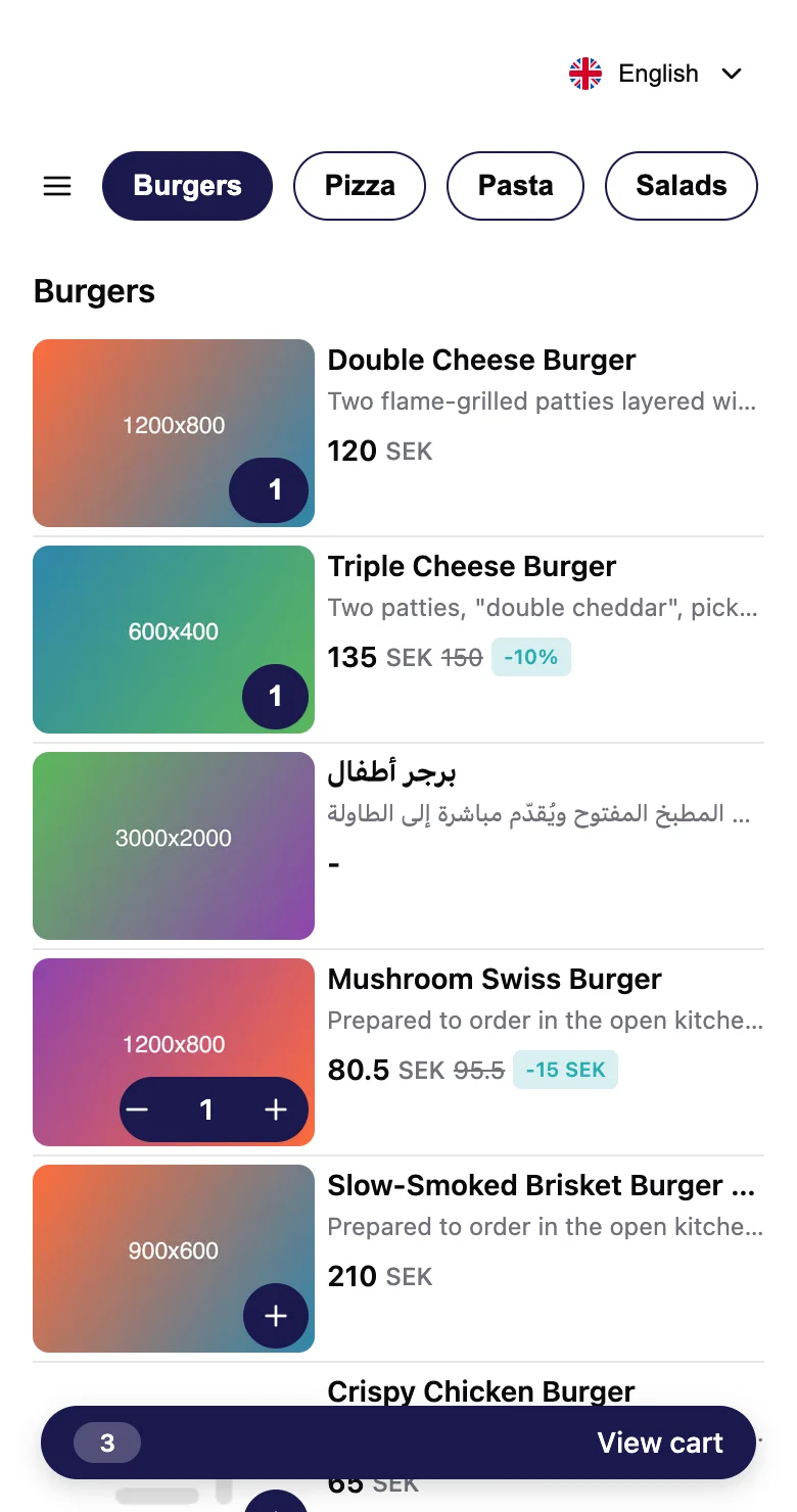 The guest's menu with three burgers added and a View cart bar at the bottom.
