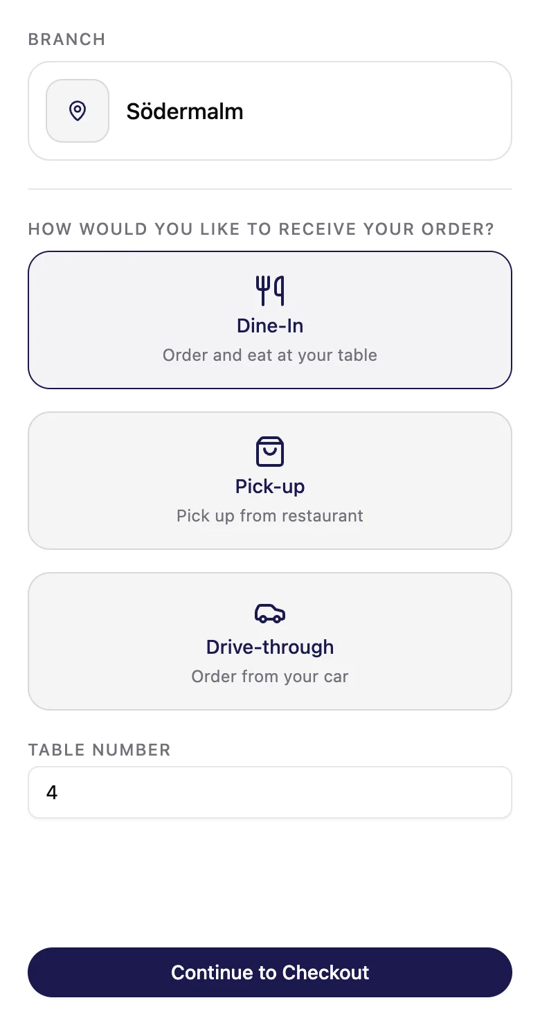 The guest picks Dine-In and types table number 4.