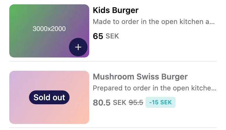 The guest's menu: Kids Burger with a + button, and Mushroom Swiss Burger greyed out with a Sold out badge and no + button.
