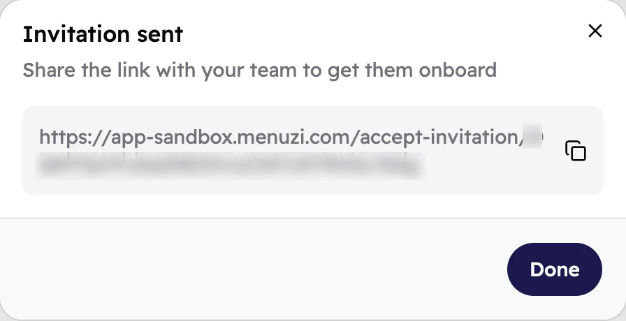 The Invitation sent window with the invitation link and a copy button.