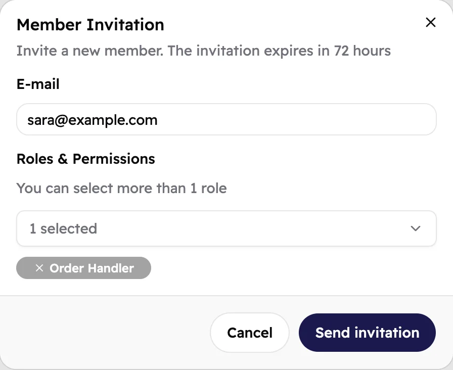 The Member Invitation window with an e-mail filled in and the Order Handler role picked.