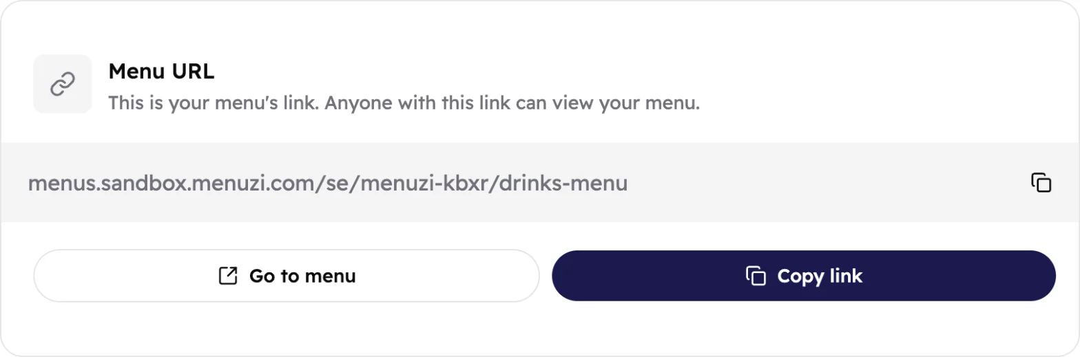 The Menu URL card with the menu's address, a copy icon, and Go to menu and Copy link buttons.