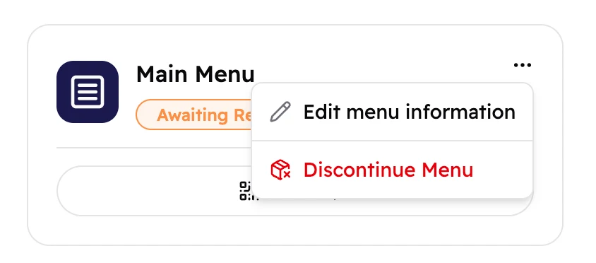 The three-dot menu on a menu card, open, showing Edit menu information and Discontinue Menu.