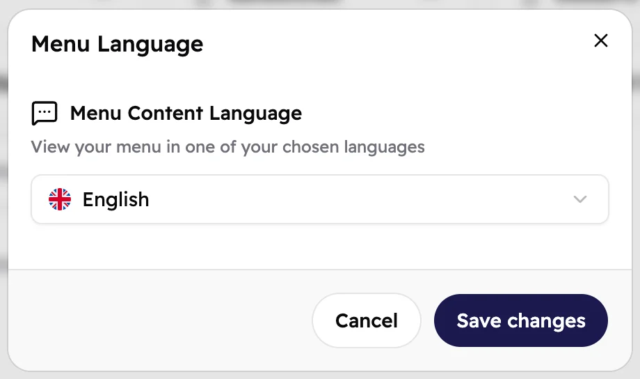 The Menu Language window with English selected.