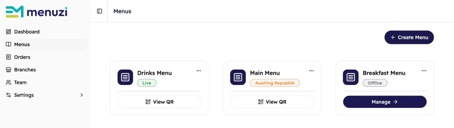 The Menus screen with three menus: Drinks Menu is Live, Main Menu is Awaiting Republish and Breakfast Menu is Offline.