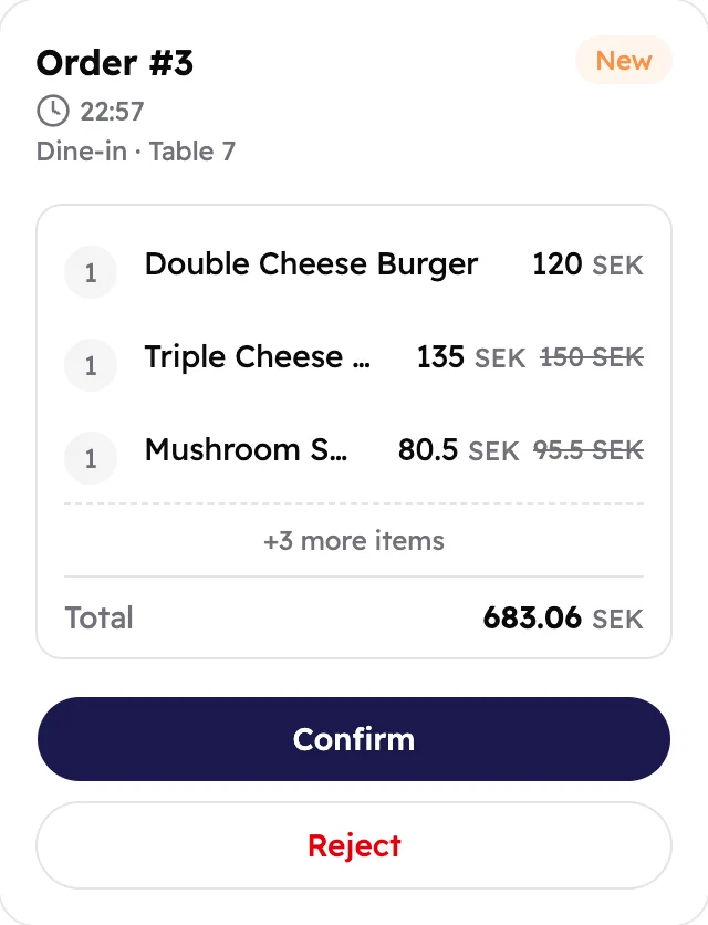 Order #3: a new dine-in order for table 7 with six items and a total of 683.06 SEK.