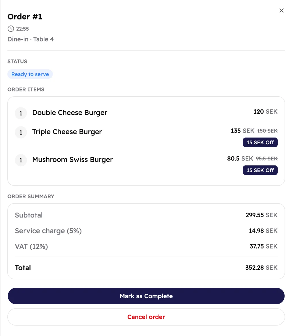 The details of order #1: ready to serve, three burgers with two discounts, and the bill with a 5% service charge and 12% VAT.