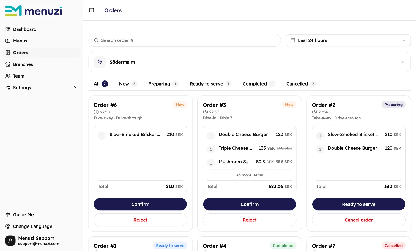 The Orders page for Södermalm: search, Last 24 hours, the branch, six tabs with counts and three order cards.