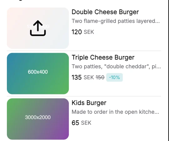 Items in the preview. Pointing at the first item's photo shows an upload icon.