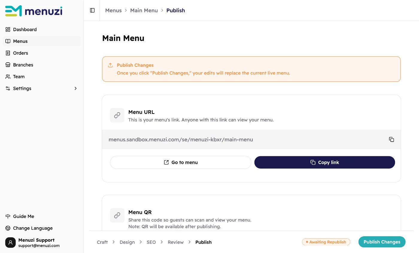 The Publish step of a live menu with unpublished changes: an orange Publish Changes banner, the Menu URL card, and the Publish Changes button at the bottom right.
