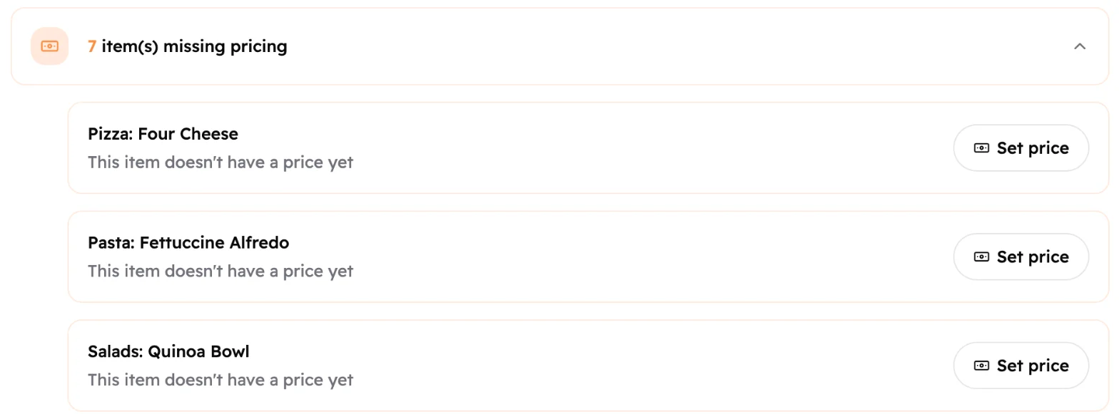The items missing pricing group, open, with a Set price button next to each item.