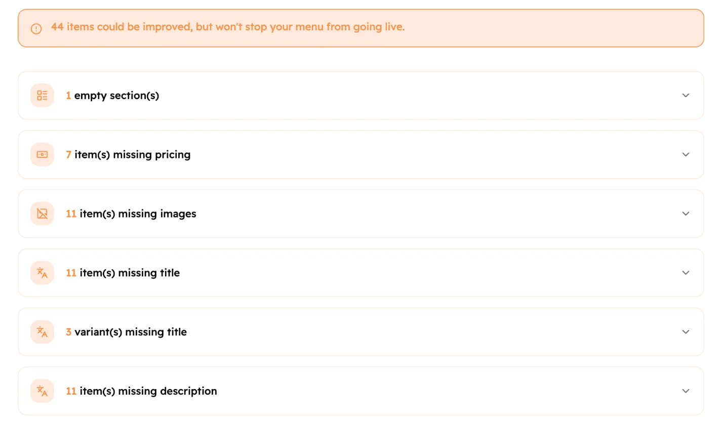 The Review screen: a summary saying 44 items could be improved, and six groups like 7 items missing pricing and 11 items missing images.