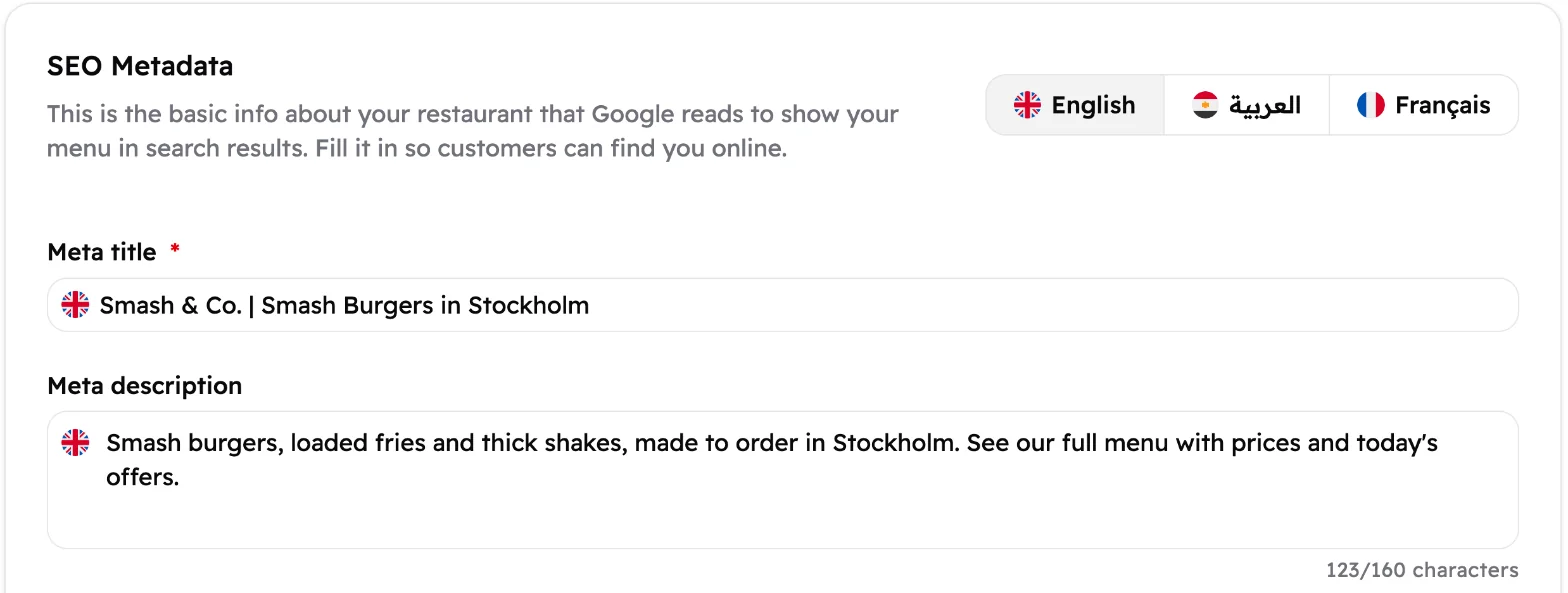 The SEO Metadata card on the English tab, with a meta title and a meta description filled in.