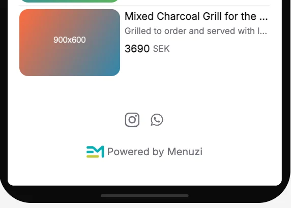 The bottom of the menu preview with Instagram and WhatsApp icons above Powered by Menuzi.
