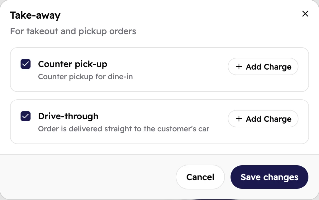 The Take-away window with Counter pick-up and Drive-through both ticked.