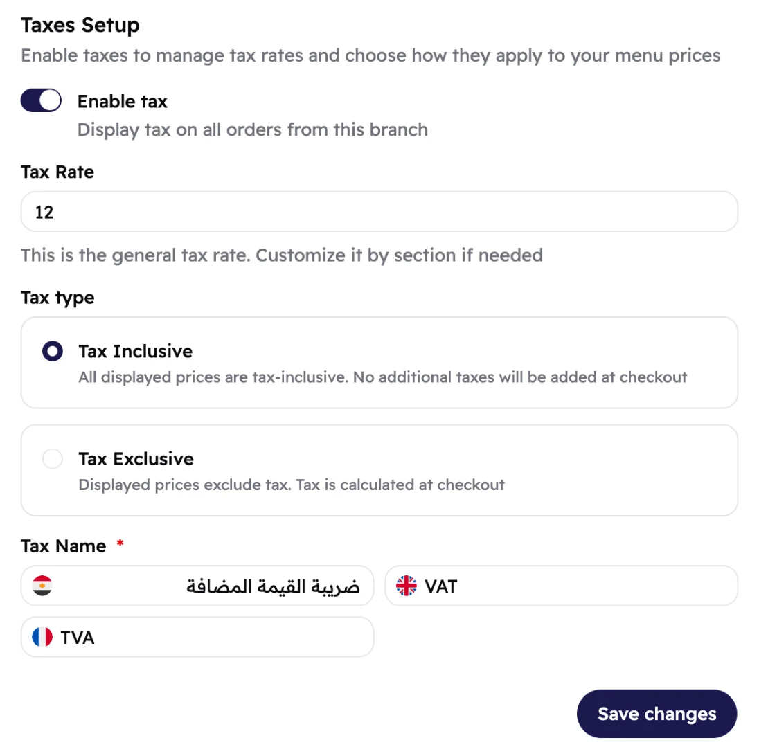 Taxes Setup with tax on, a 12% rate, Tax Inclusive picked and the name VAT.
