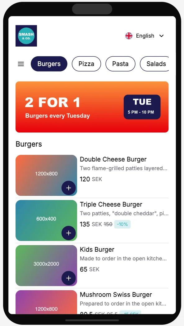 Main Menu in the Classic template: section tabs, a banner, and items in a list with photos on the left.