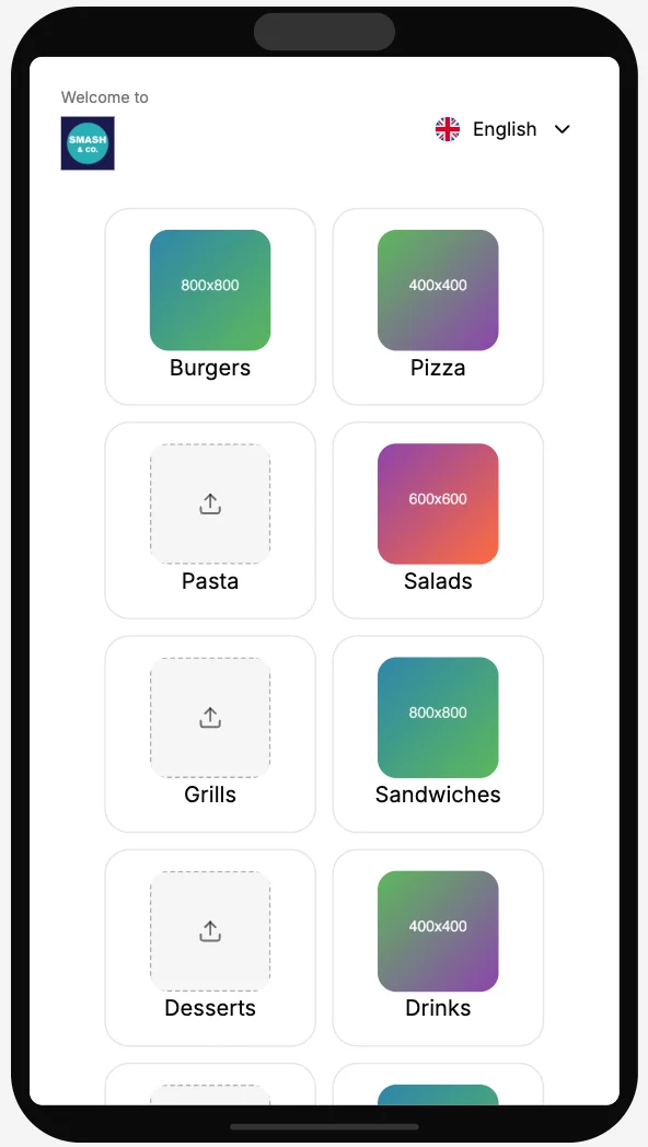 Main Menu in the Gallery template: a welcome page with a square photo for each section.